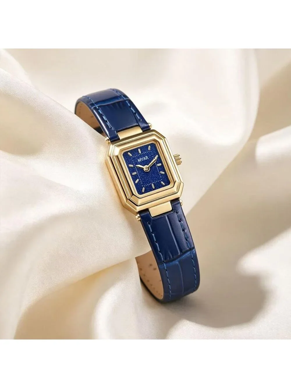 Women's Blue Square Vintage Leather Strap Dress Quartz Elegant Wrist Watches